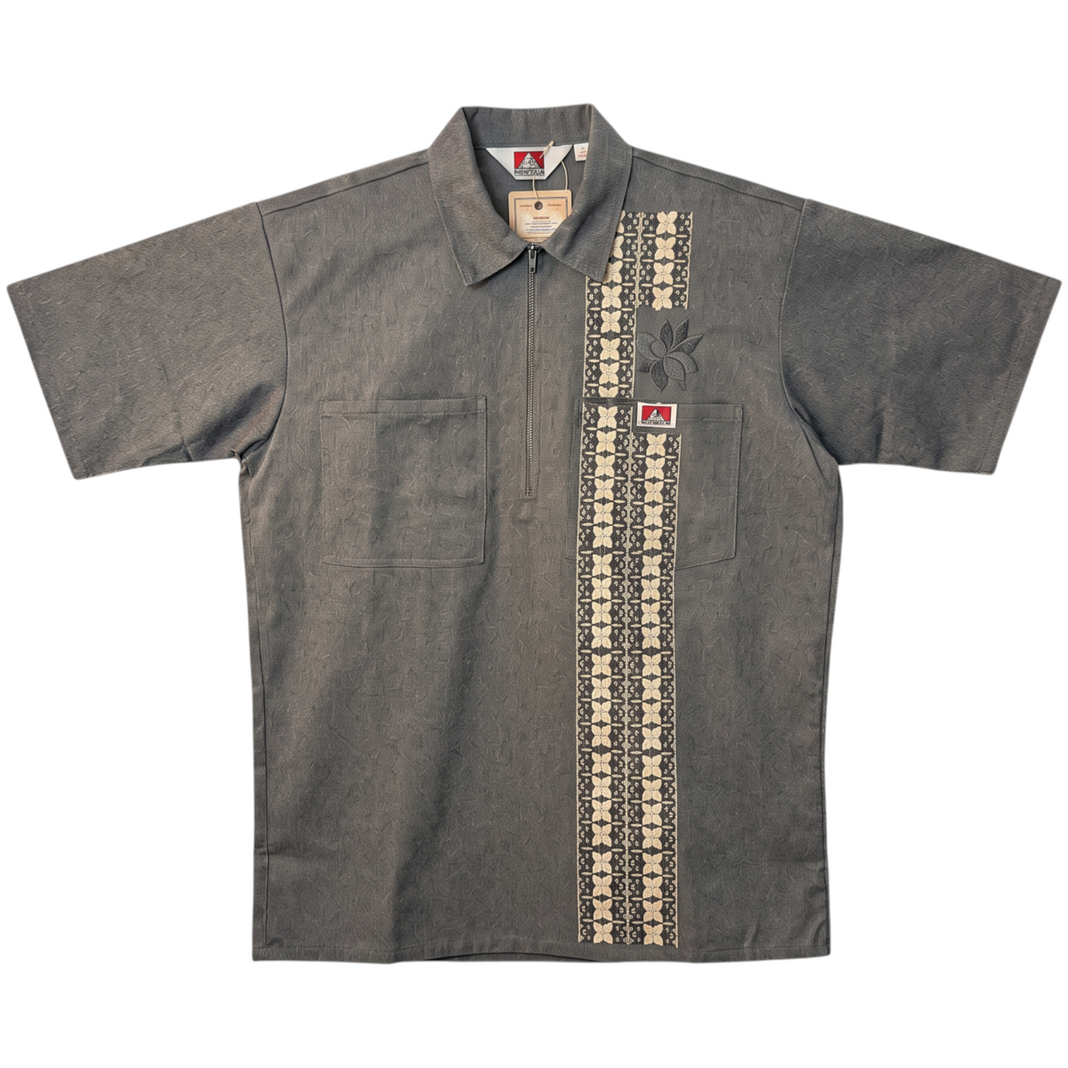 KA'EO Apparel x Ben Davis grey poly-cotton work shirt with quarter-zip, chest pockets, and Barong-inspired print.