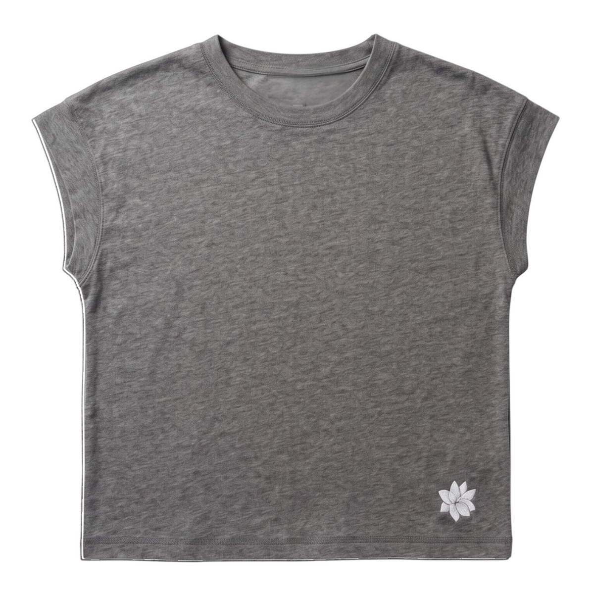 KA'EO Apparel gray vintage wash cotton blend tee with dropped shoulders and delicate floral embroidery at the hem.