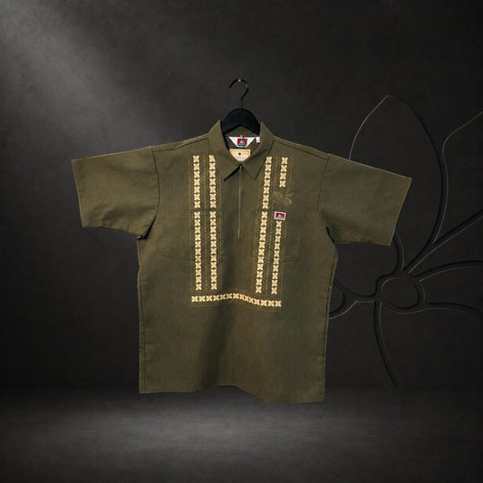 KA'EO Apparel x Ben Davis olive green poly-cotton work shirt with quarter-zip, chest pockets, and Barong embroidery.