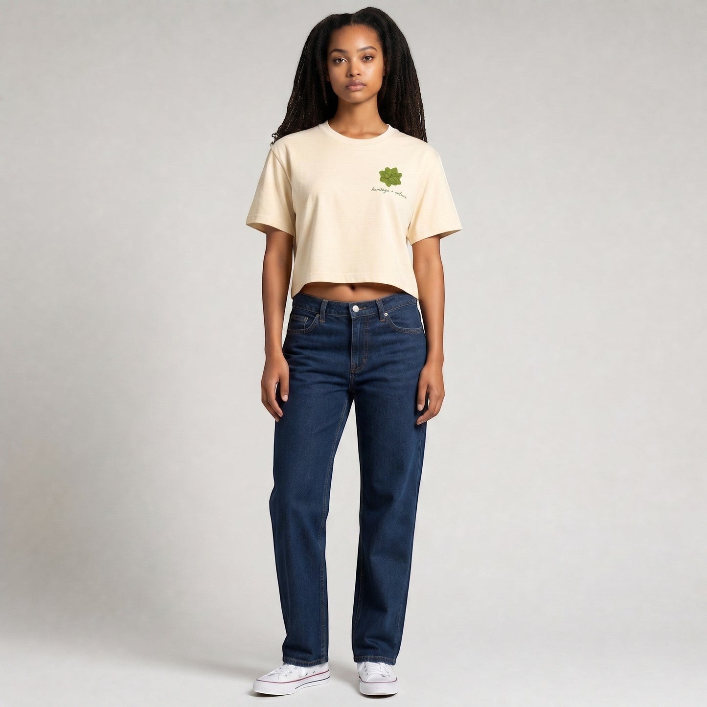 KA'EO Apparel cream cotton cropped t-shirt with olive green sampaguita graphic on chest.