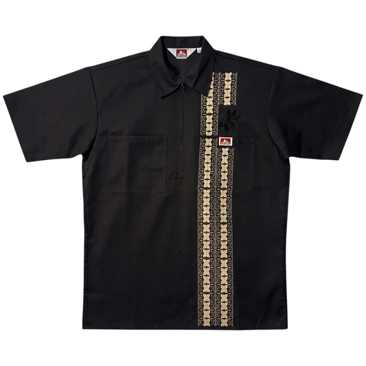 KA'EO Apparel x Ben Davis black poly-cotton work shirt with a quarter-zip, chest pockets, and Barong-inspired print.