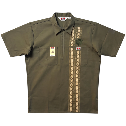 KA'EO Apparel x Ben Davis olive green poly-cotton work shirt with quarter-zip, chest pockets, and Barong print detail.