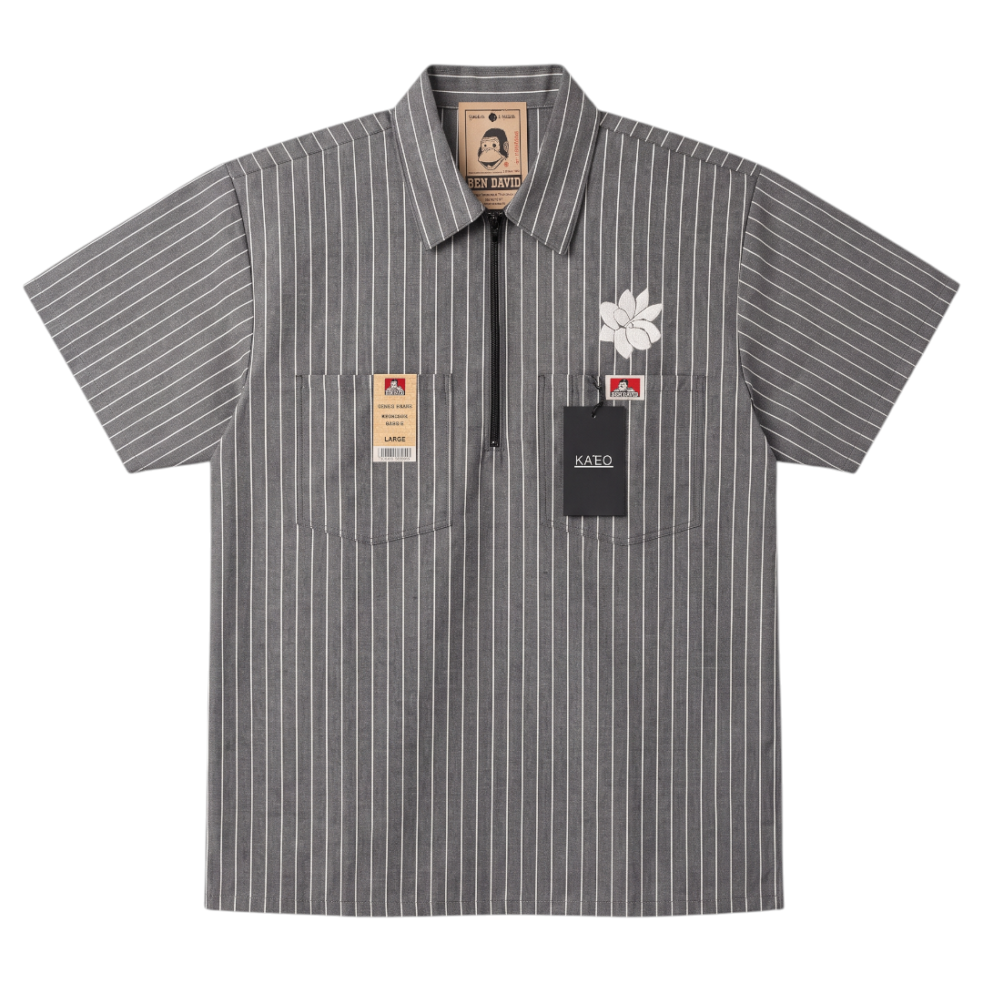 KA'EO Apparel x Ben Davis grey pinstripe short-sleeve button-up shirt with quarter-zip and sampaguita embroidery.