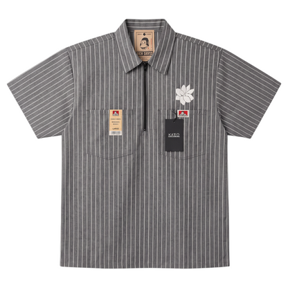 KA'EO Apparel x Ben Davis grey pinstripe short-sleeve button-up shirt with quarter-zip and sampaguita embroidery.