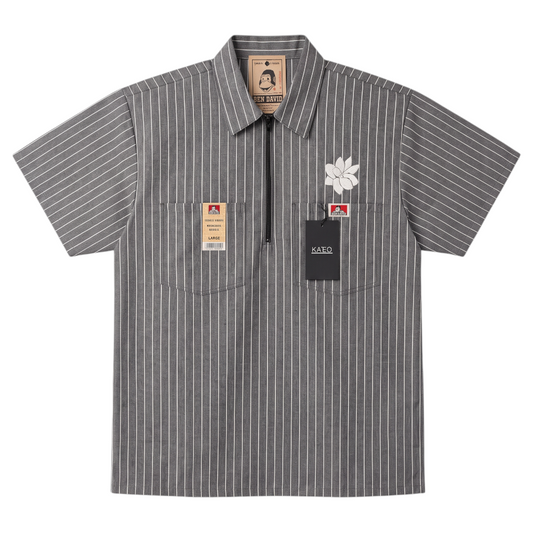 KA'EO Apparel x Ben Davis grey pinstripe short-sleeve button-up shirt with quarter-zip and sampaguita embroidery.