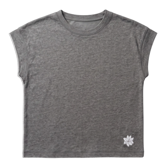 KA'EO Apparel gray vintage wash cotton blend tee with dropped shoulders and delicate floral embroidery at the hem.