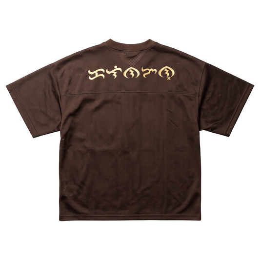 KA'EO Apparel brown mesh cropped football jersey featuring cream Baybayin script on the back