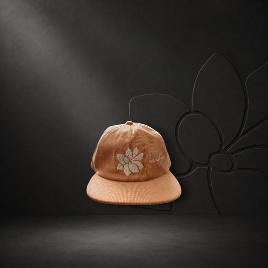 KA'EO Apparel vintage rose corduroy hat with embroidered Sampaguita flower and heritage + culture side detail.