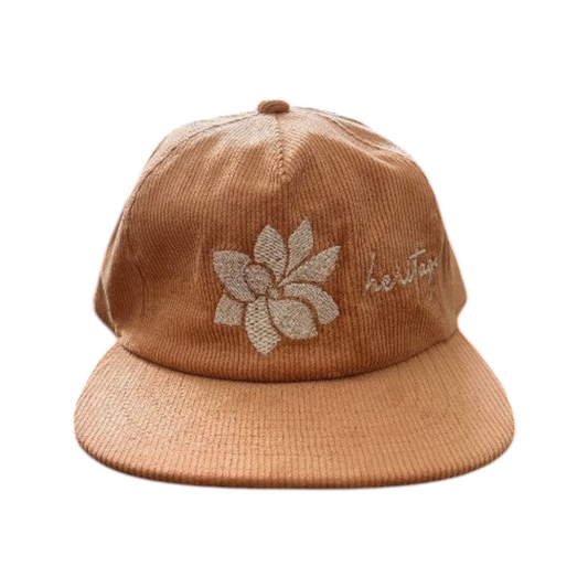 KA'EO Apparel vintage rose corduroy hat with embroidered Sampaguita flower and heritage + culture side detail.