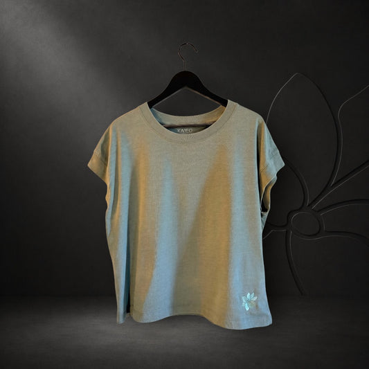 KA'EO Apparel women's vintage wash basil green t-shirt with small floral embroidery on the hem