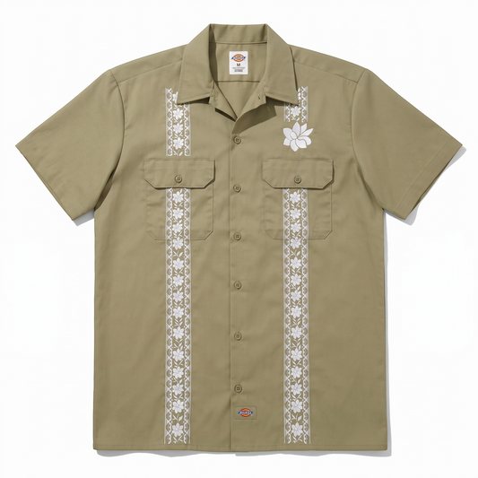 KA'EO Apparel x Dickies olive green short-sleeve guayabera shirt with white floral embroidery and dual chest pockets.