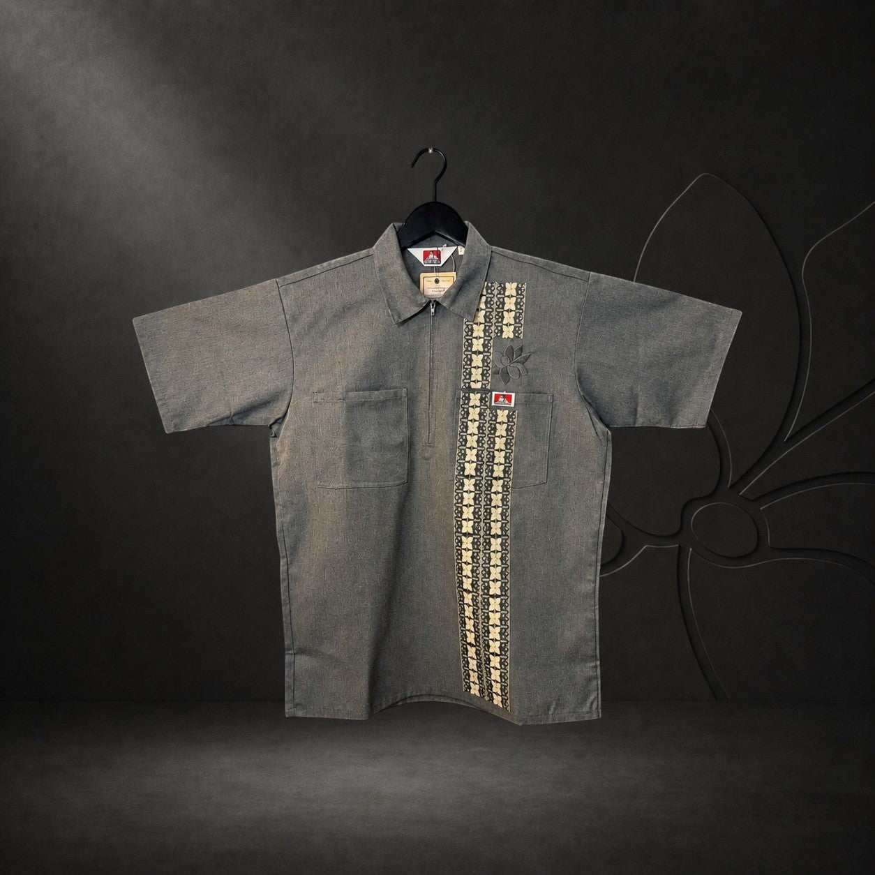 KA'EO Apparel x Ben Davis grey poly-cotton twill work shirt with quarter-zip, chest pockets, and Sampaguita embroidery.