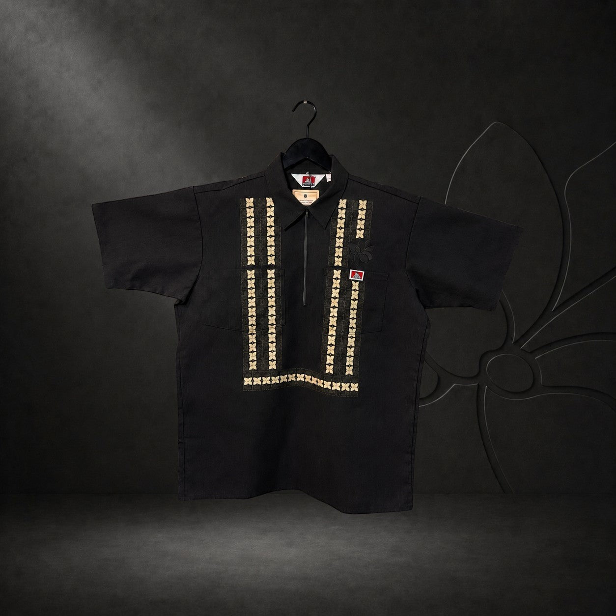 KA'EO Apparel x Ben Davis black poly-cotton work shirt with quarter-zip, Sampaguita embroidery, and Barong print design.