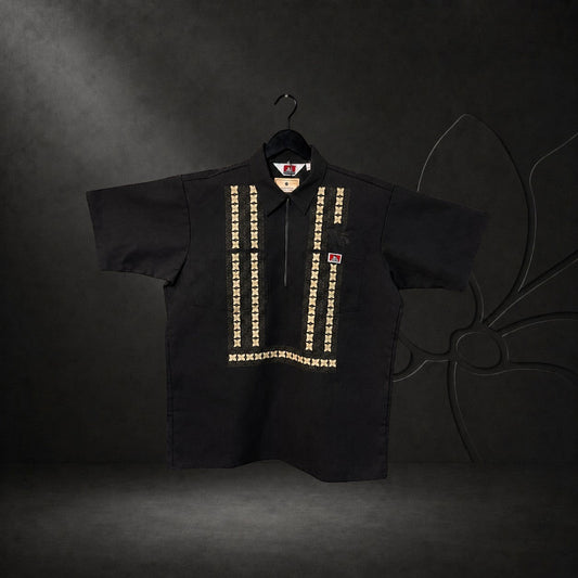 KA'EO Apparel x Ben Davis black poly-cotton work shirt with quarter-zip, Sampaguita embroidery, and Barong print design.