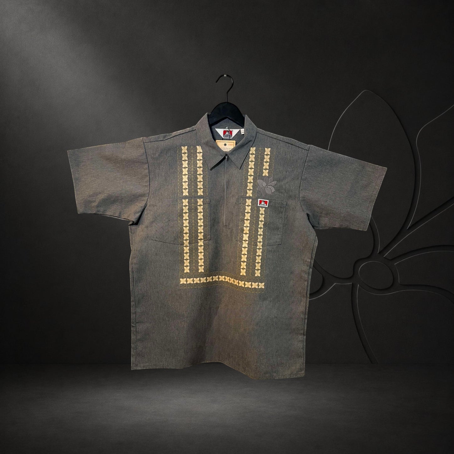 KA'EO Apparel x Ben Davis grey poly-cotton twill work shirt with quarter-zip and traditional Barong embroidery