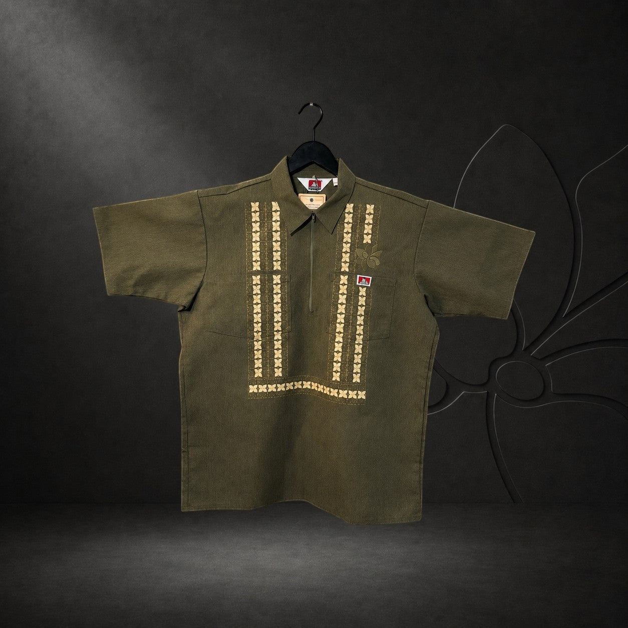 KA'EO Apparel x Ben Davis olive green poly-cotton work shirt with quarter-zip, chest pockets, and Barong embroidery.