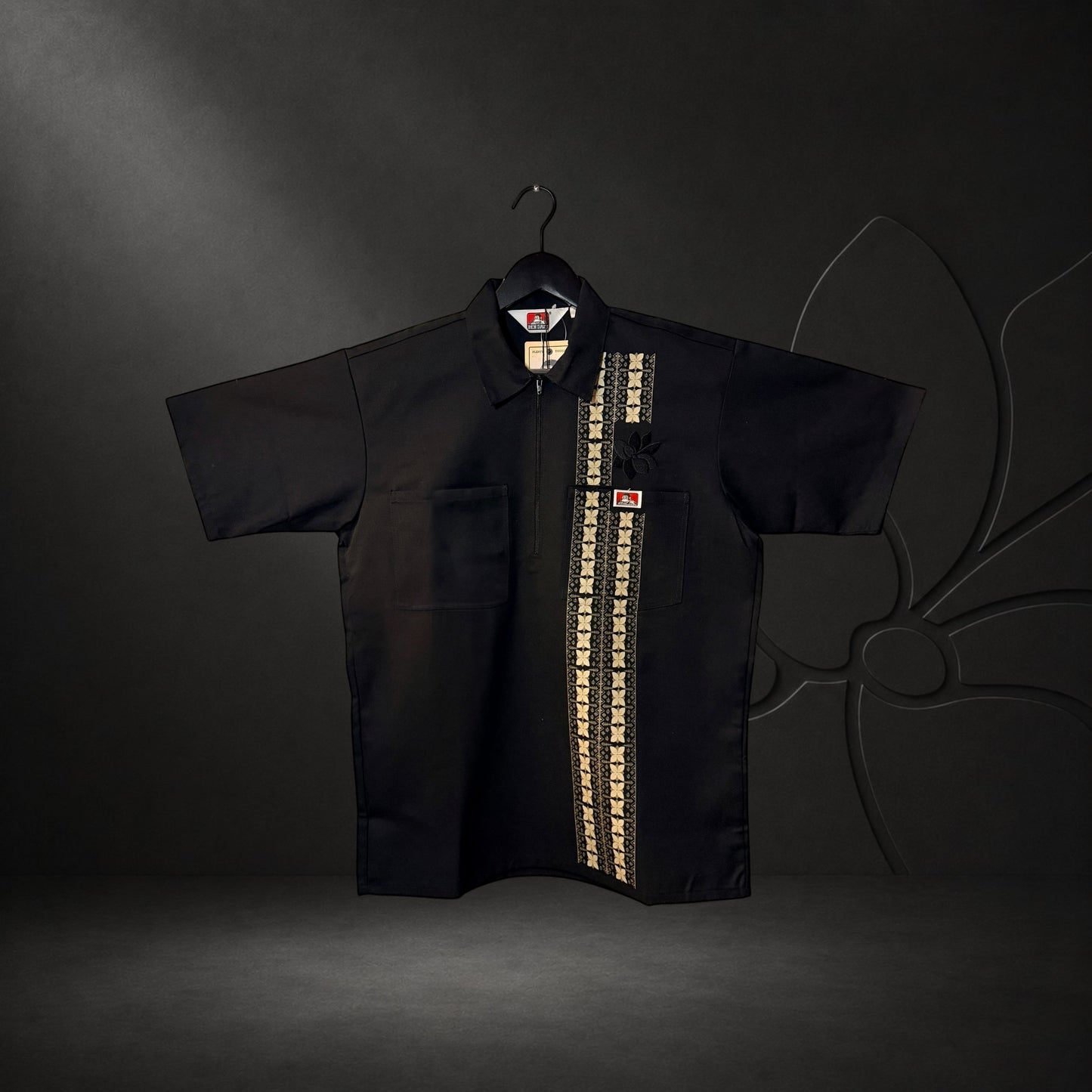 KA'EO Apparel x Ben Davis black poly-cotton work shirt with quarter-zip, chest pockets, and Barong print detail.