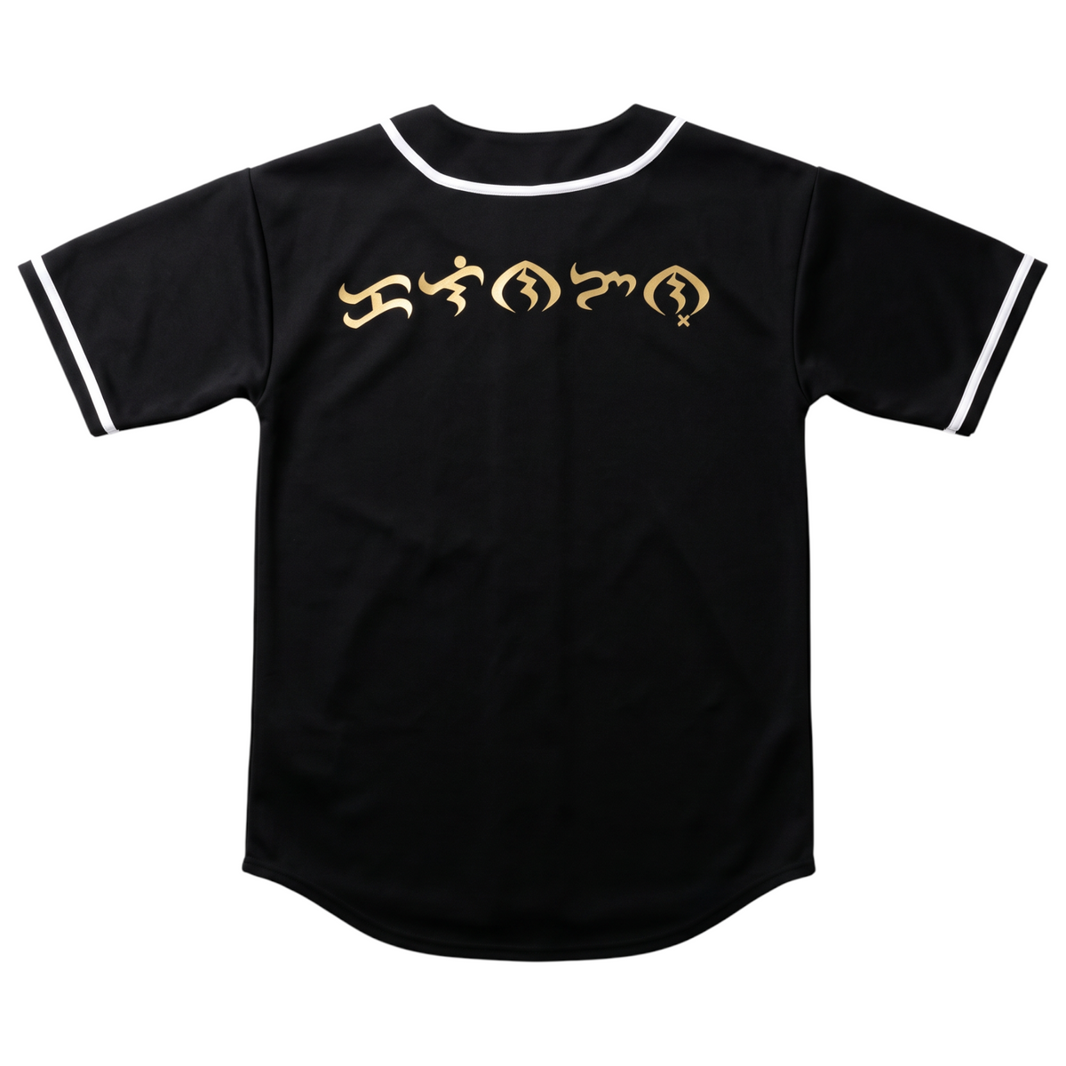 KA'EO Apparel black baseball jersey featuring gold Baybayin script on the back with white piping trim.