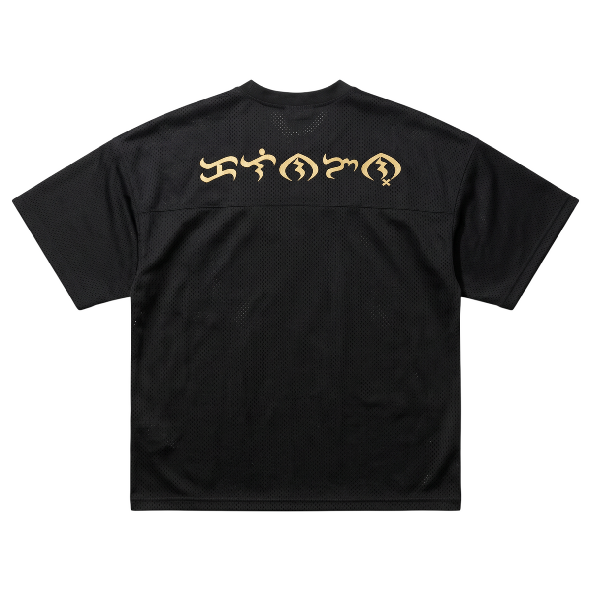 Back view of a black KA'EO Apparel cropped football jersey featuring cream-colored Baybayin script across the shoulders.