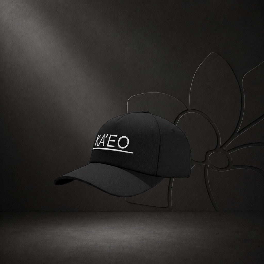 KA'EO Apparel black cotton snapback cap with white embroidered logo and structured brim.