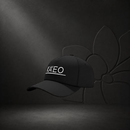 KA'EO Apparel black cotton snapback cap with white embroidered logo and structured brim.