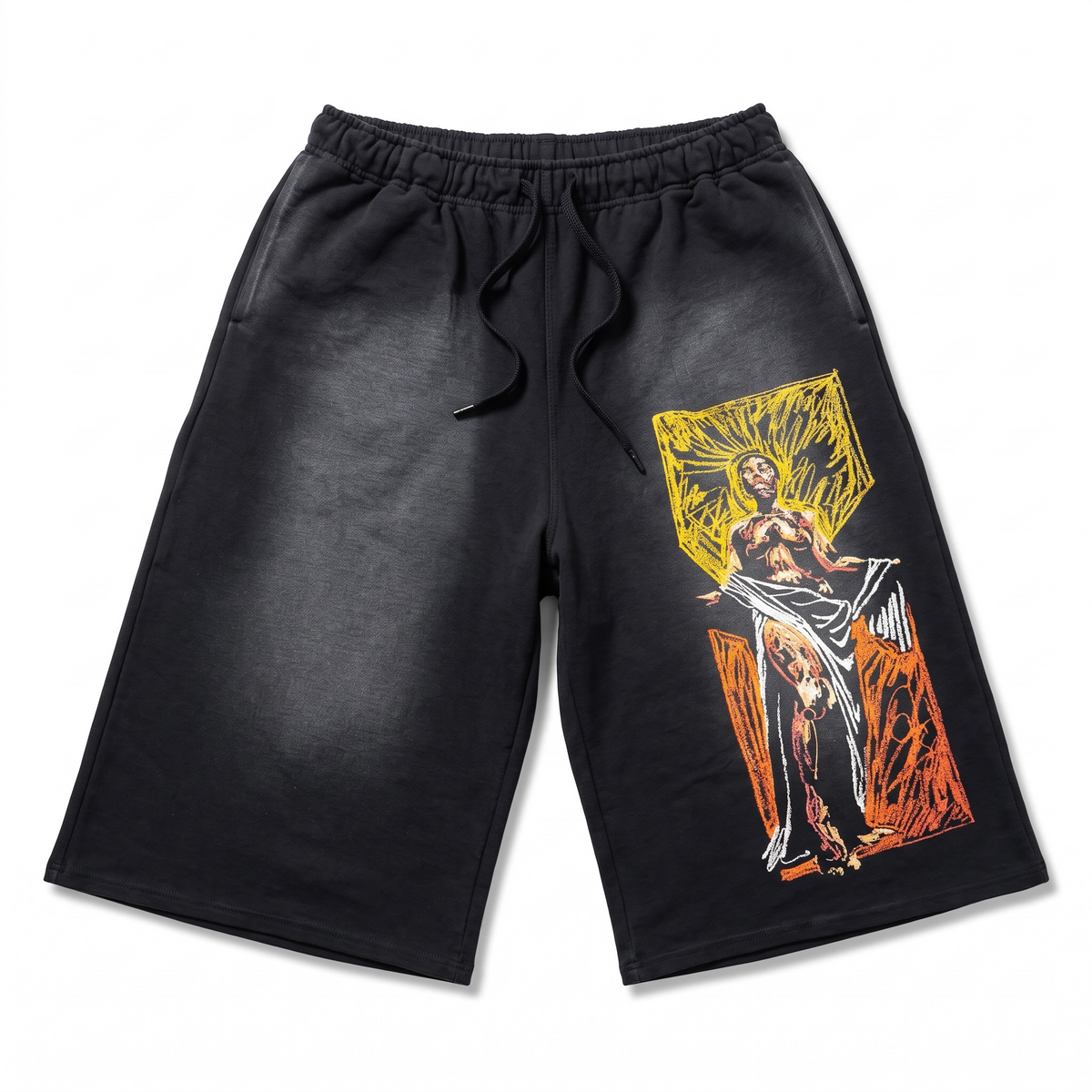 KA'EO Apparel black oversized sweatshorts featuring a vibrant Venus Rising graphic print on the left leg.