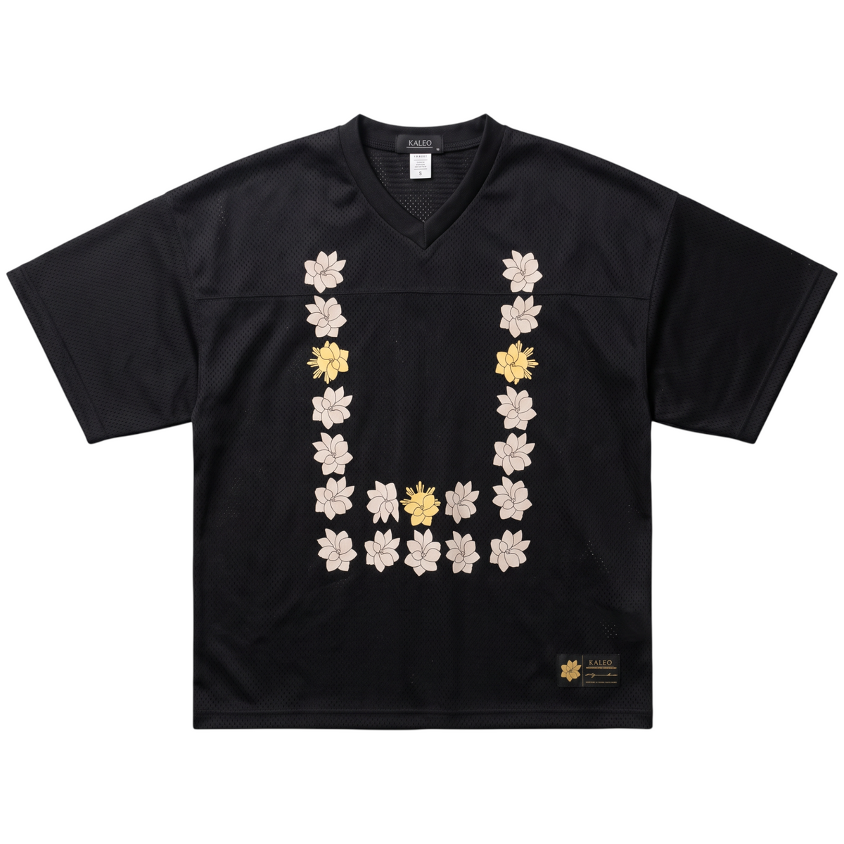 KA'EO Apparel cropped football jersey in black mesh featuring a cream and yellow Sampaguita floral Barong print.
