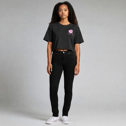 KA'EO Apparel black cropped t-shirt with pink Sampaguita graphic and script text on chest, made of cotton.