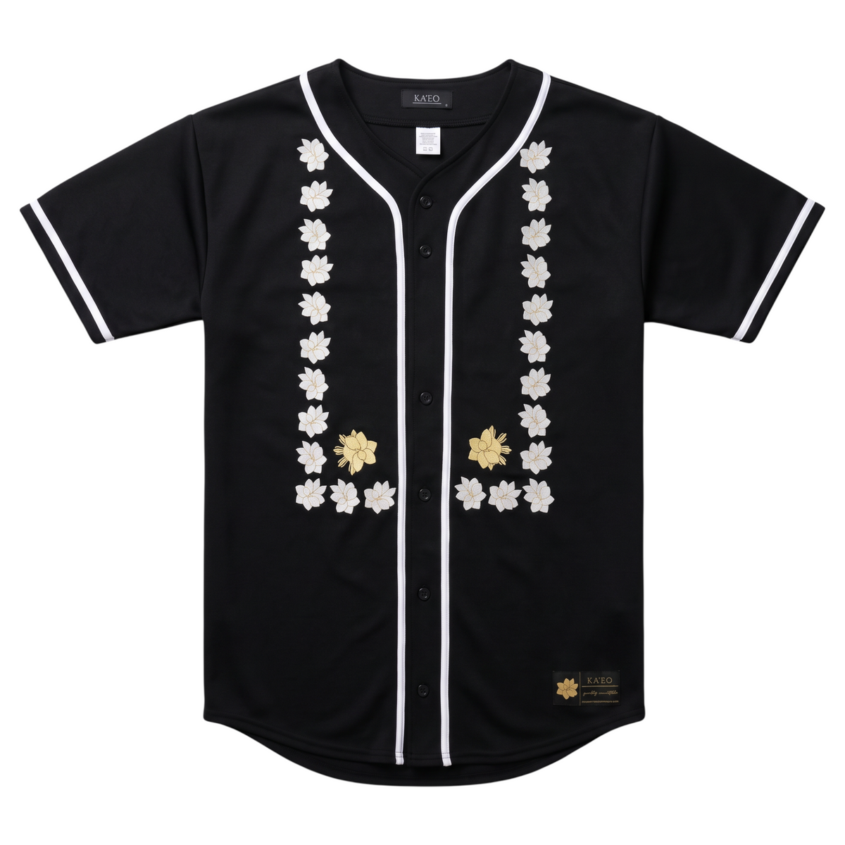KA'EO Apparel black baseball jersey with white piping and intricate Sampaguita floral print on the front.