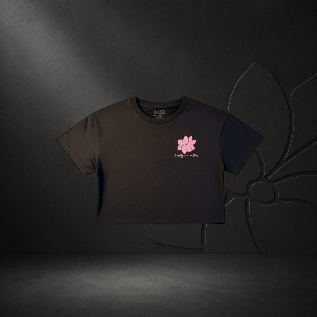 KA'EO Apparel black cropped t-shirt with pink Sampaguita graphic and "heritage + culture" text.