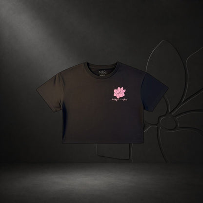 KA'EO Apparel black cropped t-shirt with pink Sampaguita graphic and "heritage + culture" text.