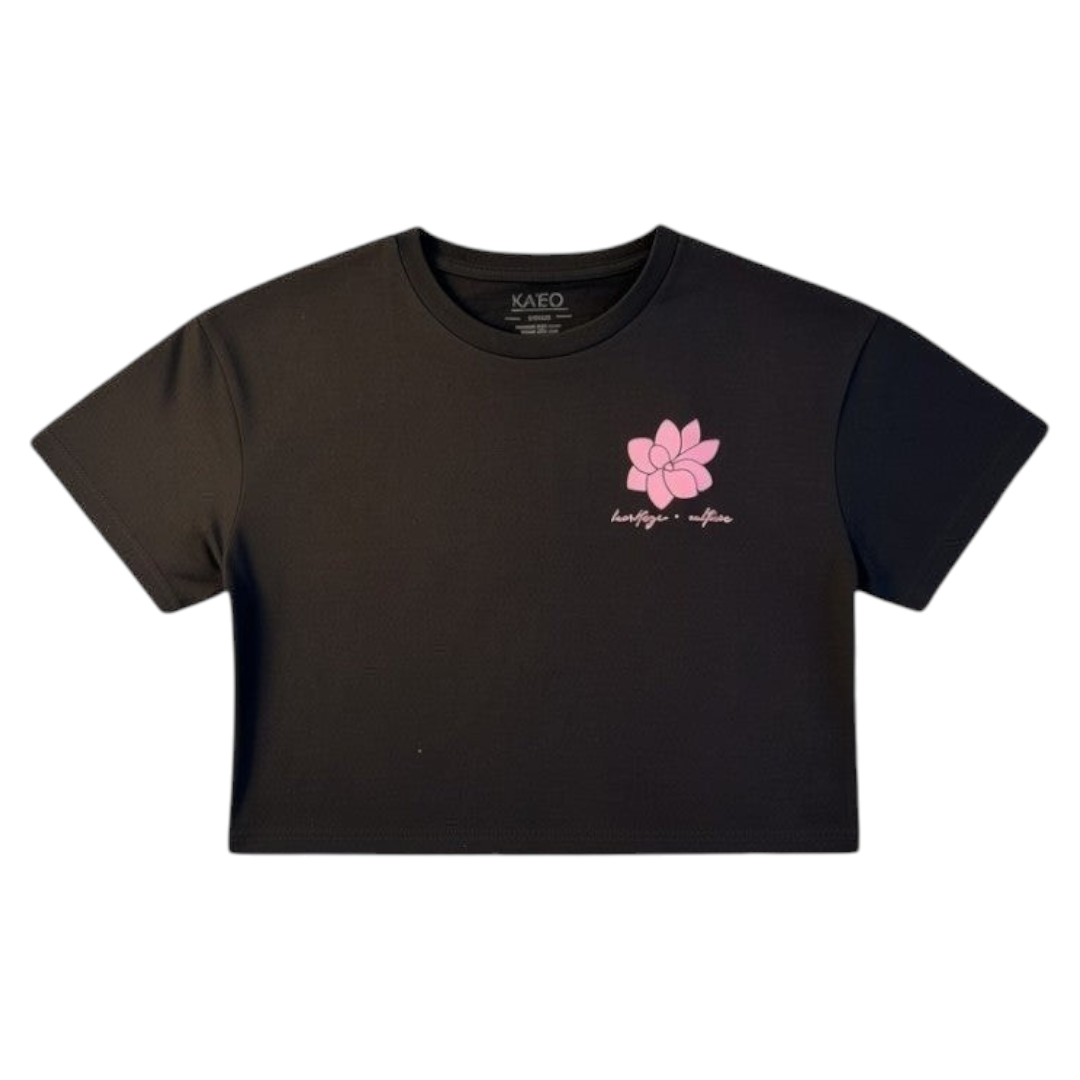 KA'EO Apparel black cropped t-shirt with pink Sampaguita graphic and "heritage + culture" text.