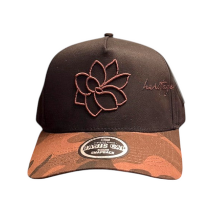 KA'EO Apparel brown snapback hat featuring a Sampaguita flower outline and heritage plus culture embroidery