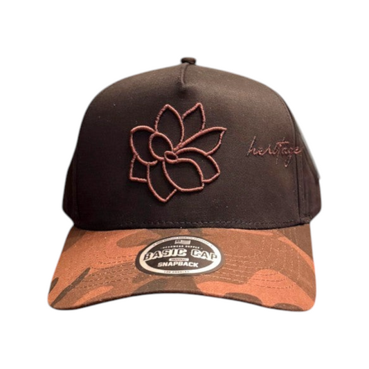 KA'EO Apparel brown snapback hat featuring a Sampaguita flower outline and heritage plus culture embroidery