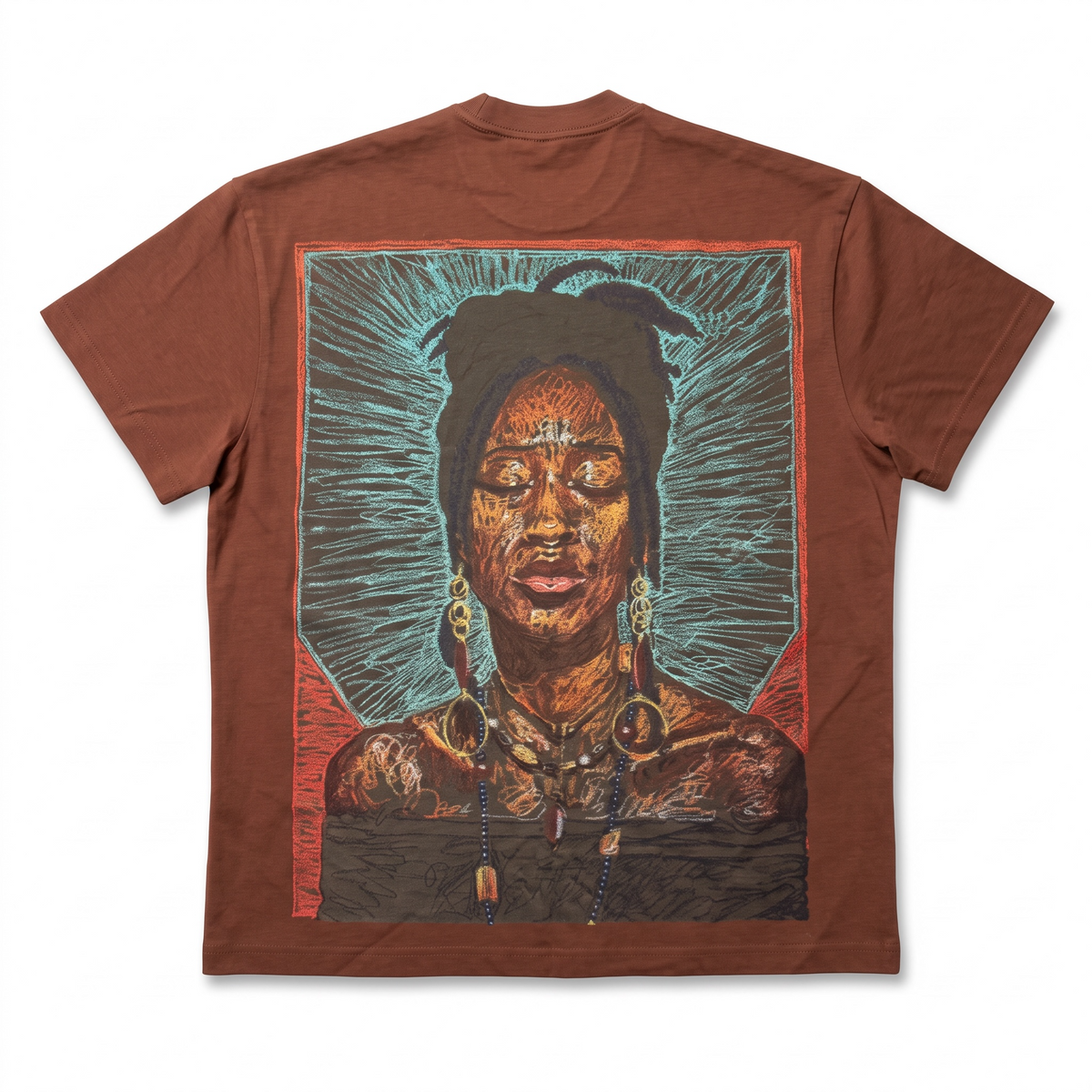KA'EO Apparel Sariah Goddess brown cotton t-shirt featuring a detailed artistic graphic of a goddess on the back.