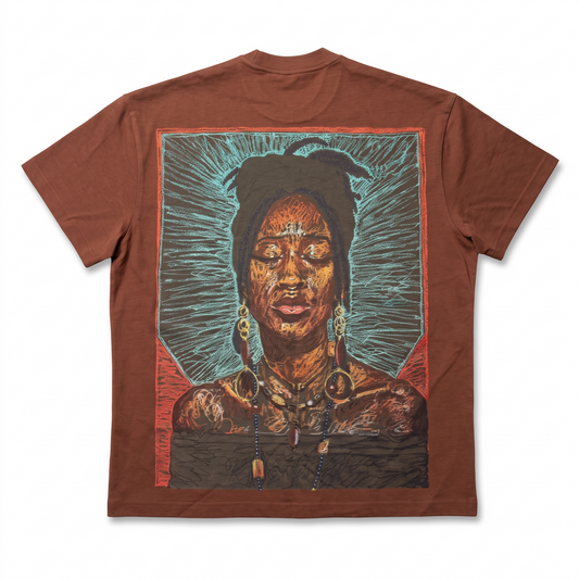 KA'EO Apparel Sariah Goddess brown cotton t-shirt featuring a detailed artistic graphic of a goddess on the back.