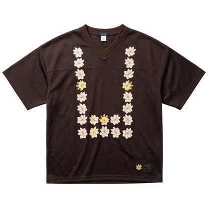 KA'EO Apparel brown mesh cropped football jersey with cream and yellow Sampaguita flower Barong-style front graphic