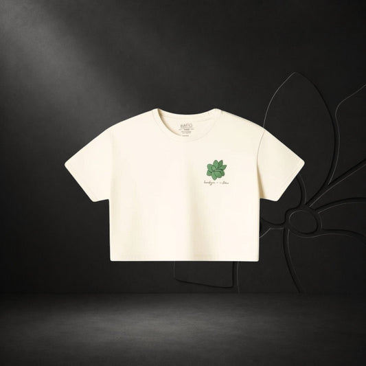 KA'EO Apparel cream cotton cropped t-shirt with olive green sampaguita graphic on chest.