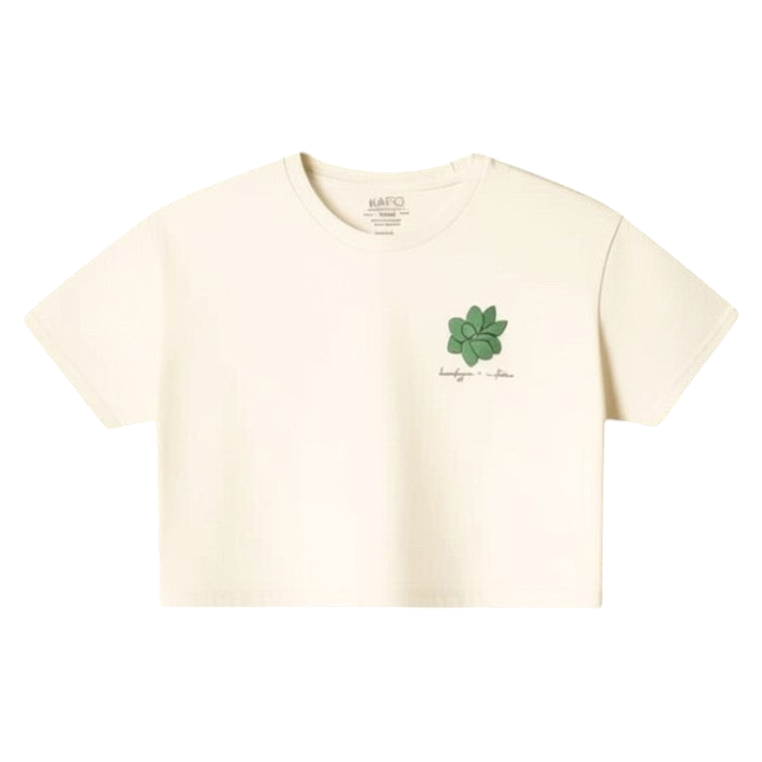 KA'EO Apparel cream cotton cropped t-shirt with olive green sampaguita graphic on chest.