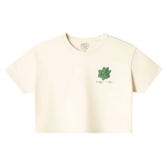 KA'EO Apparel cream cotton cropped t-shirt with olive green sampaguita graphic on chest.