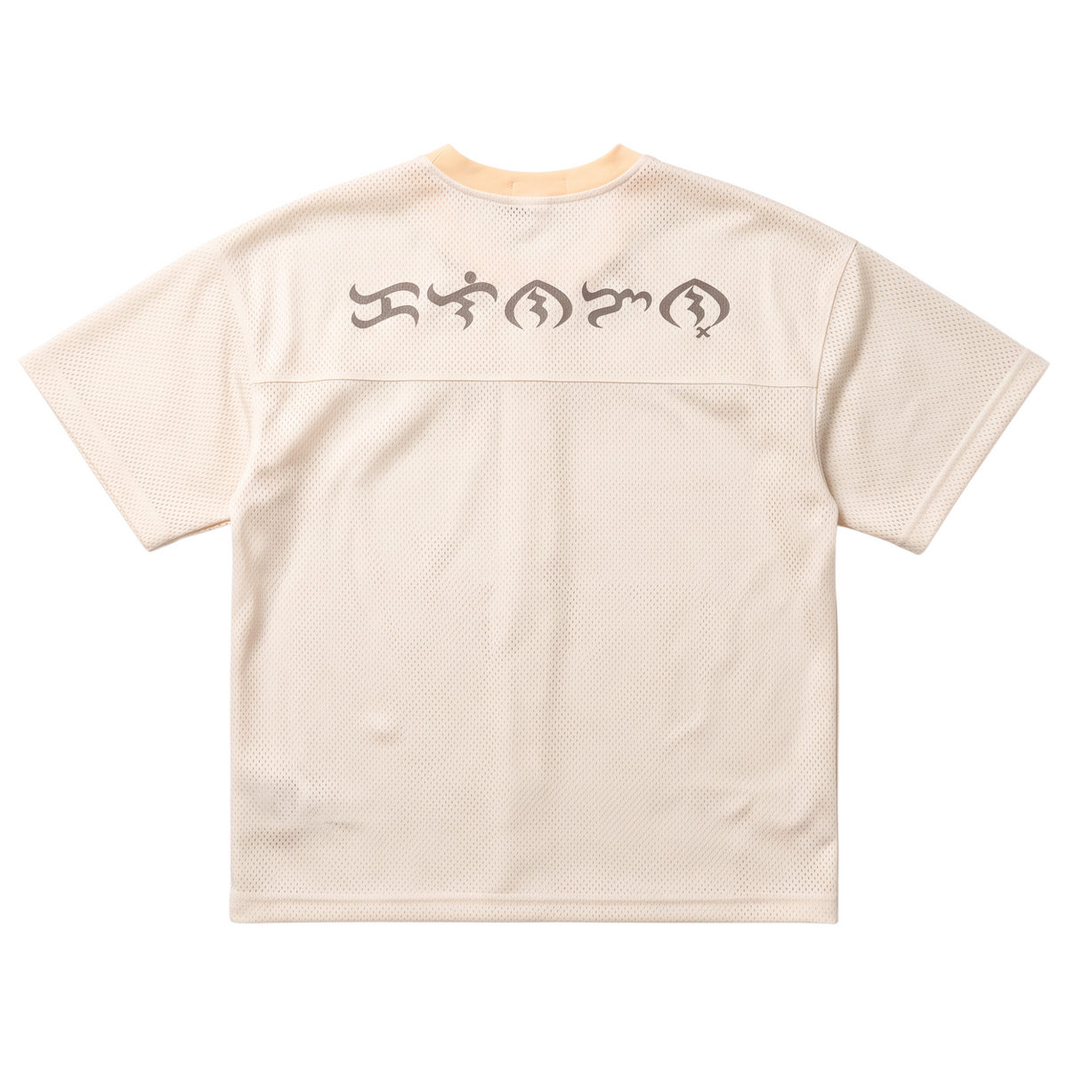Back view of KA'EO Apparel cream mesh cropped football jersey featuring black Baybayin script across the shoulders.