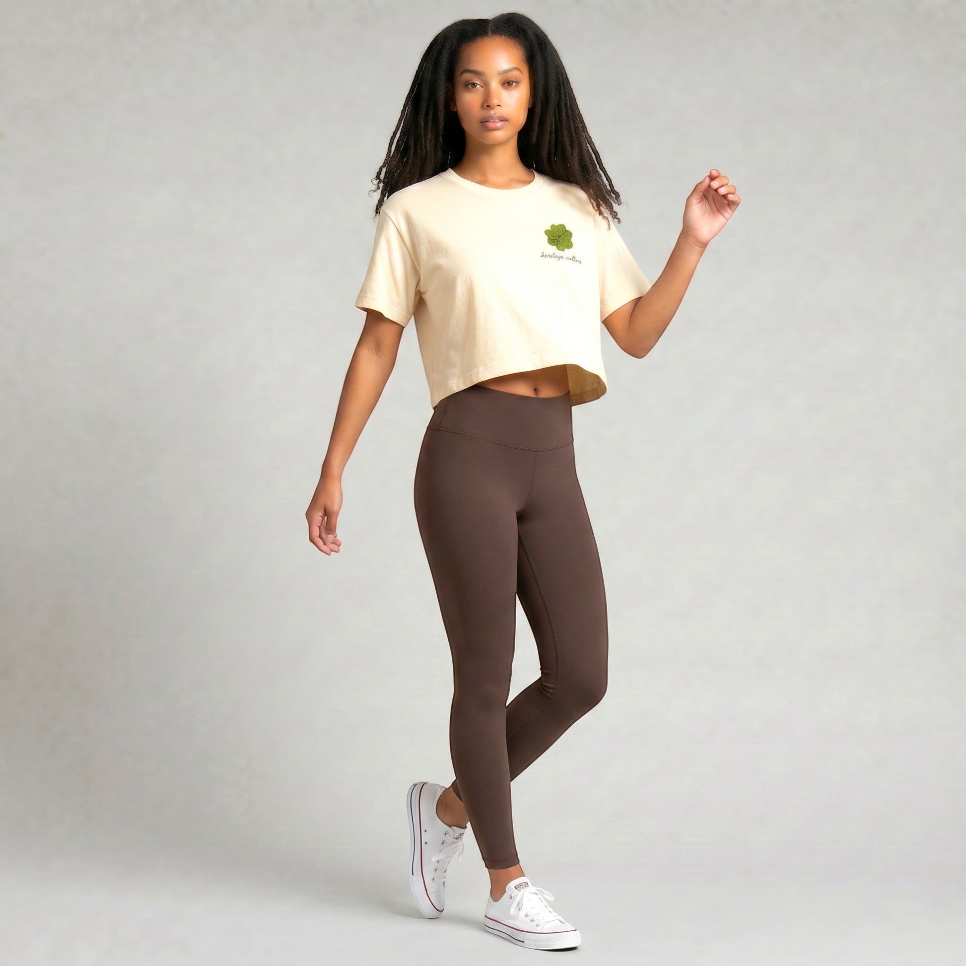 KA'EO Apparel cream cotton cropped t-shirt with olive green sampaguita graphic on chest.
