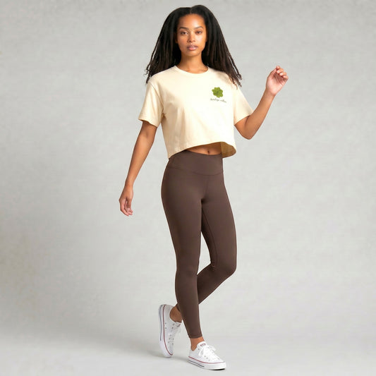 KA'EO Apparel cream cotton cropped t-shirt with olive green sampaguita graphic on chest.