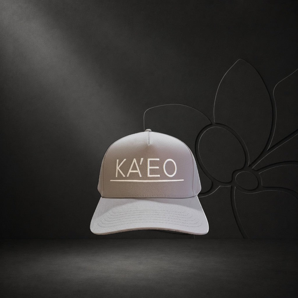 KA'EO Apparel gray embroidered snapback baseball cap with minimalist logo design.