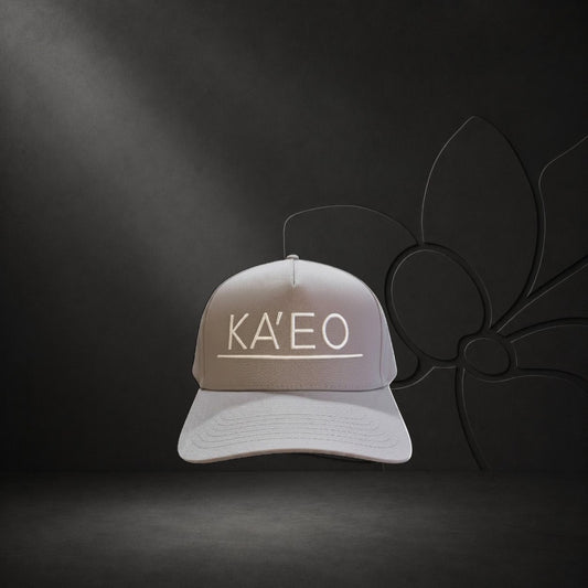 KA'EO Apparel gray embroidered snapback baseball cap with minimalist logo design.