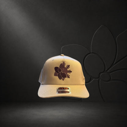 KA'EO Apparel Khaki Embroidered Sampa-Sol Snapback cap with brown embroidery and adjustable snapback closure.