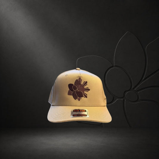 KA'EO Apparel Khaki Embroidered Sampa-Sol Snapback cap with brown embroidery and adjustable snapback closure.