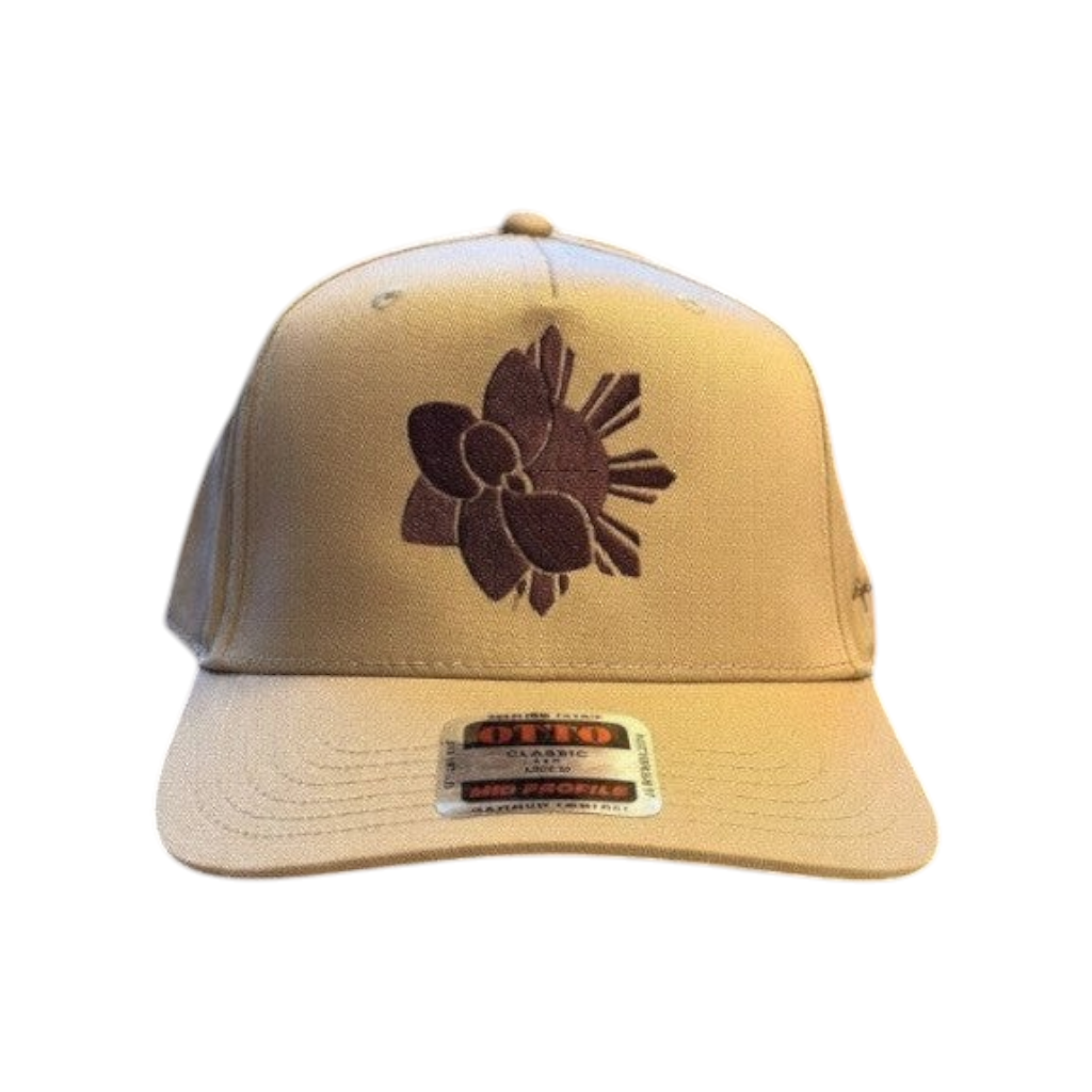 KA'EO Apparel Khaki Embroidered Sampa-Sol Snapback cap with brown embroidery and adjustable snapback closure.