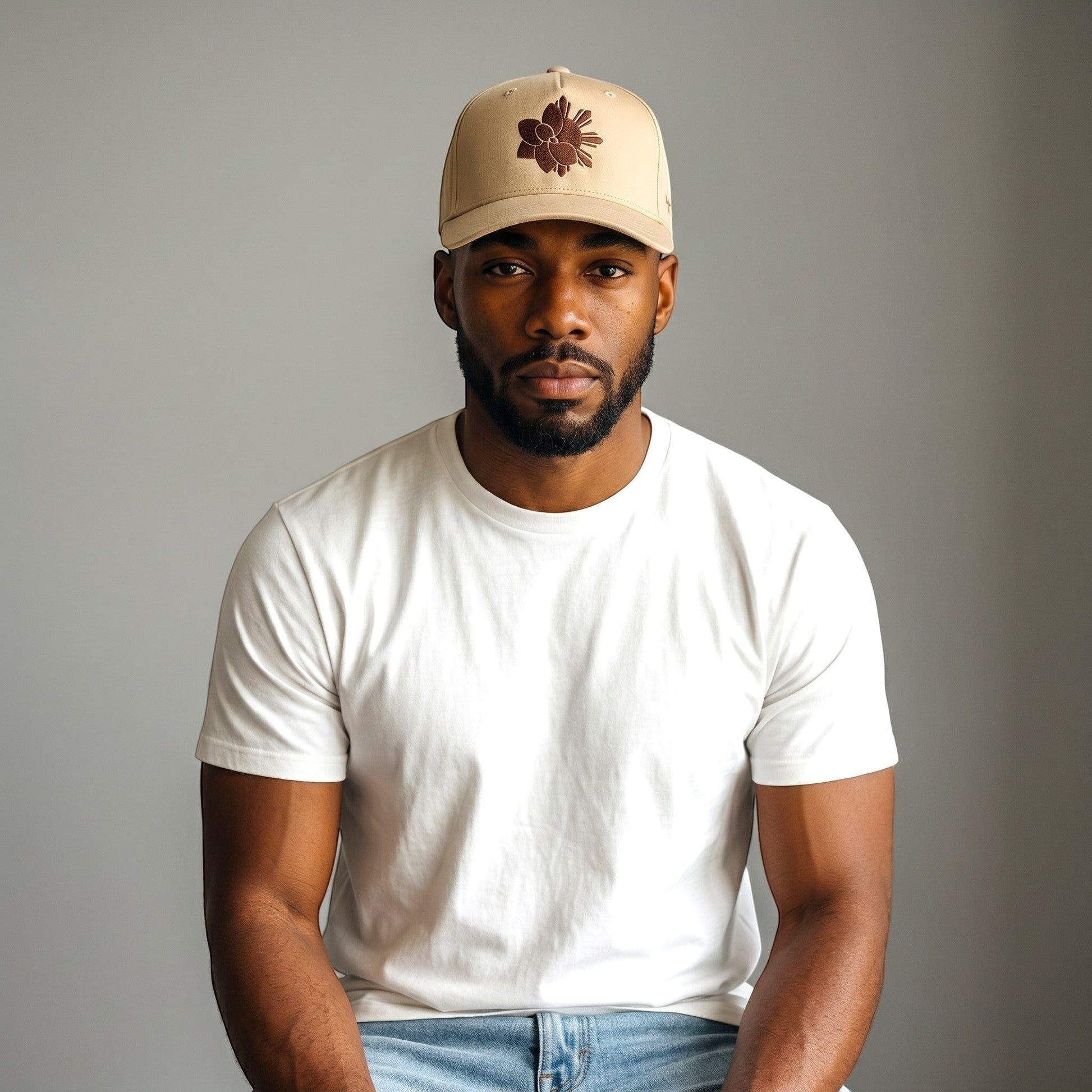KA'EO Apparel Khaki Embroidered Sampa-Sol Snapback cap with brown embroidery and adjustable snapback closure.