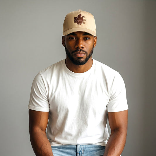 KA'EO Apparel Khaki Embroidered Sampa-Sol Snapback cap with brown embroidery and adjustable snapback closure.